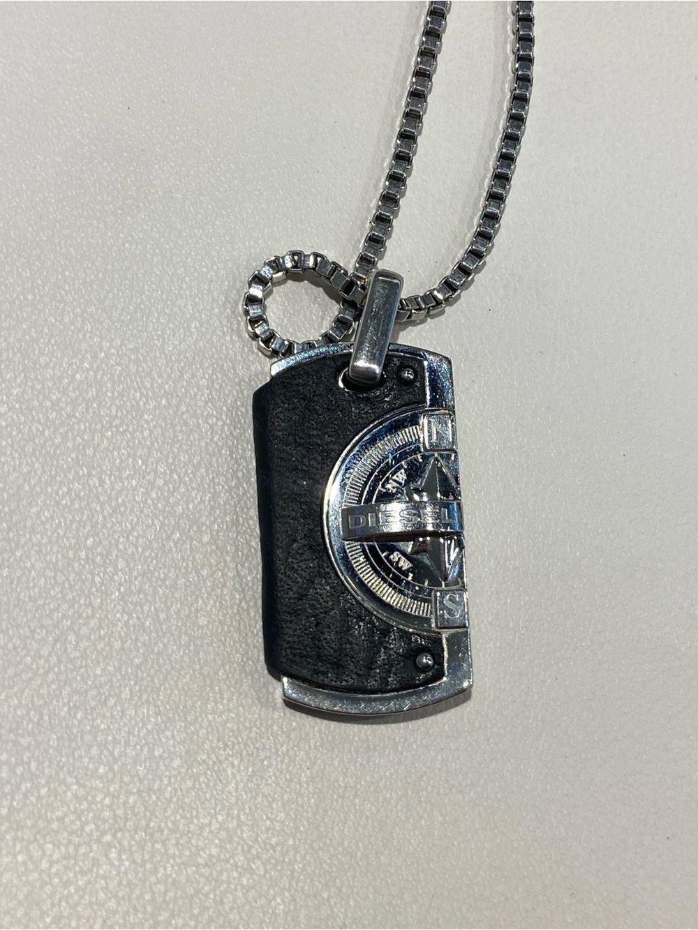 Diesel Compass Dog-tag Pendant Leather & Steel Necklace